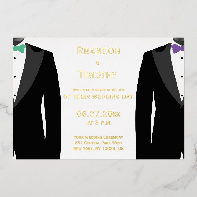 Real Gold Foil Gay Wedding Green And Purple Invite (Front)