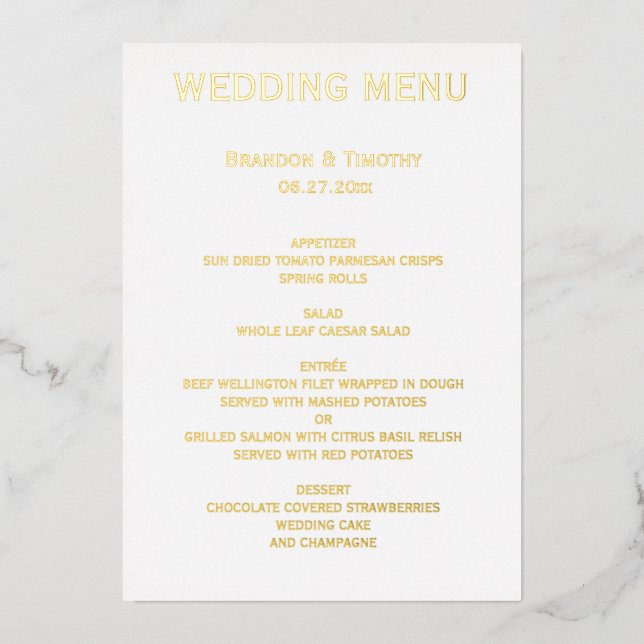 Real Gold Foil Gay Wedding Menu (Front)