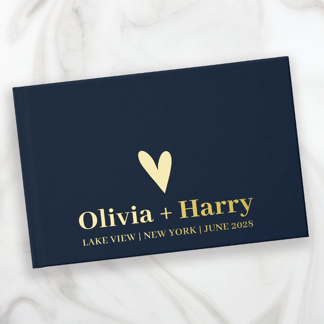 Real Gold Foil Heart Elegant Modern Guestbook (Stylishly Personalize with Your Custom Names, Location & Date.)