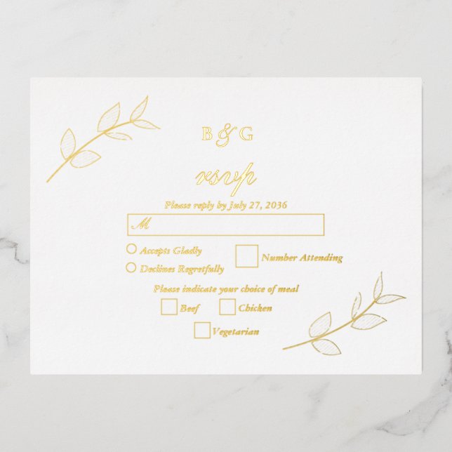 Real Gold Foil Leaves Elegant Wedding RSVP Foil Invitation Postcard (Front)