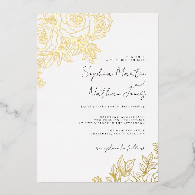 Real Gold Foil Lush Rose Wedding  (Front)