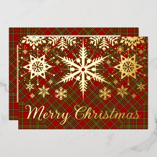 REAL Gold Foil Merry Christmas Snowflakes on Plaid Foil Holiday Card (Front/Back)