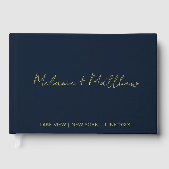 Real Gold Foil Modern Handwriting Script Guestbook (Front)