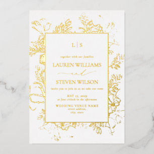 Real Gold Foil Monogram Floral Line Art Wedding