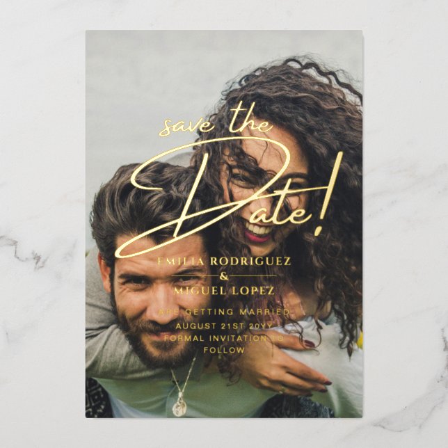 Real GOLD Foil Photo Overlay Save the Date Wedding (Front)