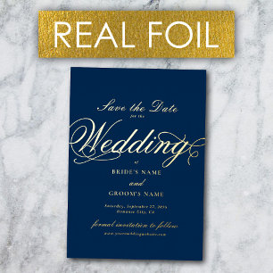 Real Gold Foil Wedding Navy Blue Save the Date