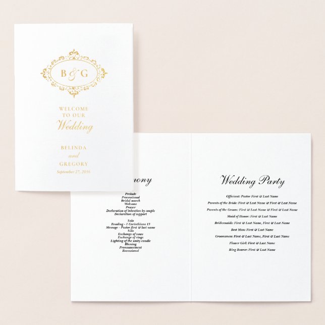 Real Gold Foil Wedding Order of Service Program Card (Display)
