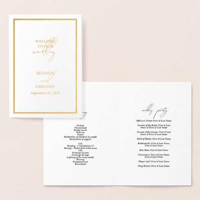 Real Gold Foil Wedding Order of Service Program Card (Display)