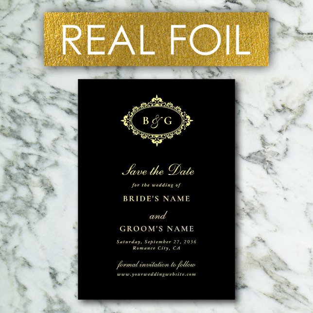Real Gold Foil Wreath Black Wedding Save the Date  (Real Gold Foil Wreath Black Wedding Save the Date Foil Invitation)