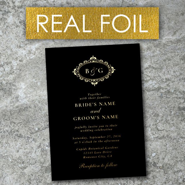 Real Gold Foil Wreath Elegant Black Gold Wedding (Real Gold Foil Wreath Elegant Black Gold Wedding Foil Invitation)