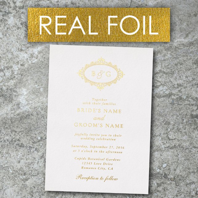 Real Gold Foil Wreath Elegant Monogram Wedding (Real Gold Foil Wreath Elegant Monogram Wedding Foil Invitation)