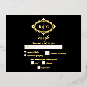 Real Gold Foil Wreath White Wedding RSVP Black Invitation Postcard