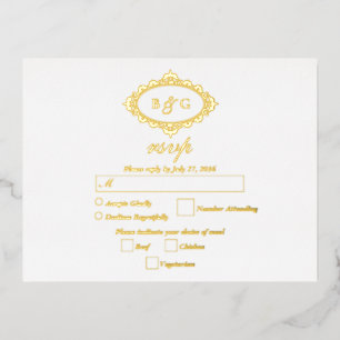 Real Gold Foil Wreath White Wedding RSVP Foil Invitation Postcard