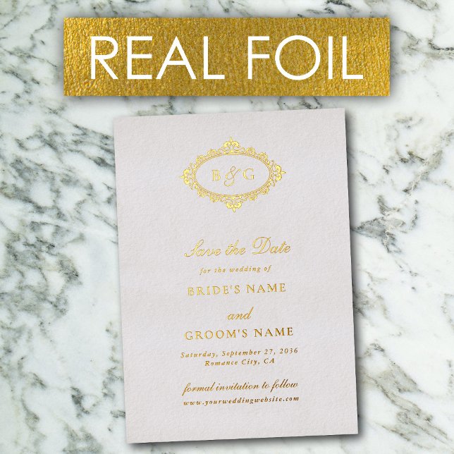 Real Gold Foil Wreath White Wedding Save the Date  (Real Gold Foil Wreath White Wedding Save the Date Foil Invitation)
