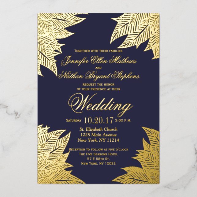 Real Gold Leaves Navy Blue Wedding (Front)