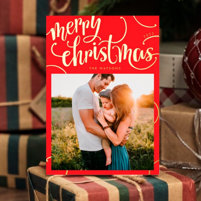 Real Gold Merry Christmas Letter Swirl Photo Foil Holiday Card (Creator Uploaded)