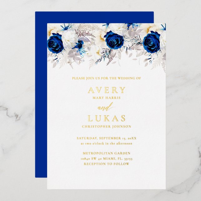 Real Gold Modern Royal Blue Flowers Wedding (Front/Back)