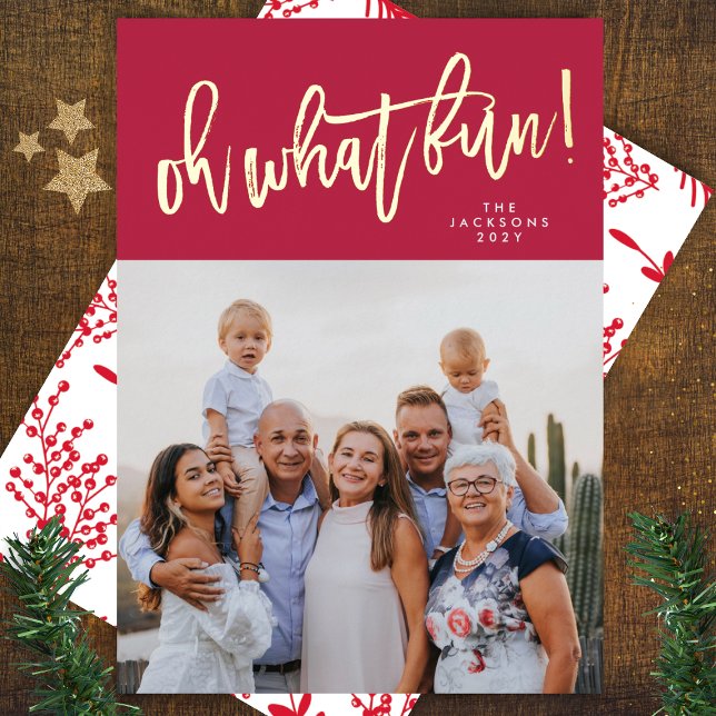REAL GOLD Oh What Fun RED Magenta Christmas Photo Foil Holiday Card (Creator Uploaded)