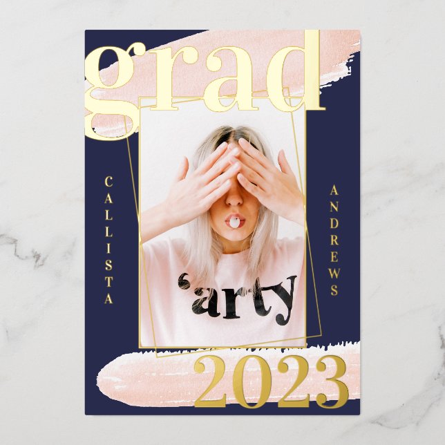 Real Gold Pink Blue Watercolor Photo Graduation (Front)