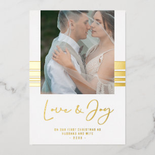 Real Gold Stripes Photo Newlyweds First Christmas Foil Holiday Card