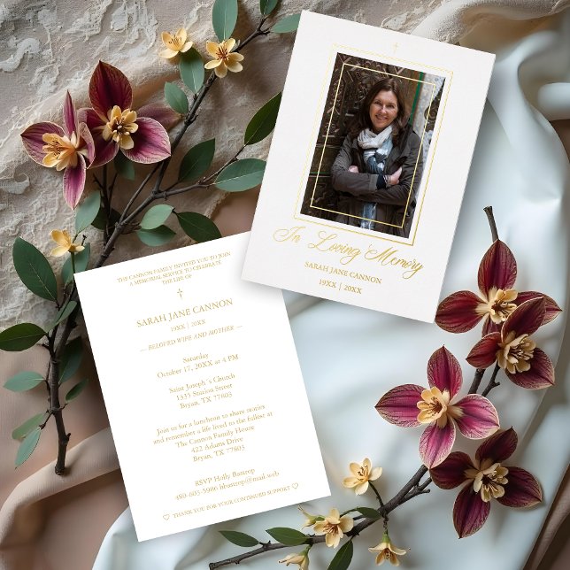 Real Gold White Traditional Elegant Photo Funeral (Real Golden White Traditional & Elegant Photo Funeral Dear Ones Metallic Foil Invitations Cards.)