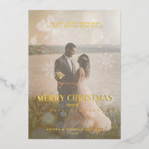 Real Golden Custom Photo Fancy Snowflake Foil Holiday Card