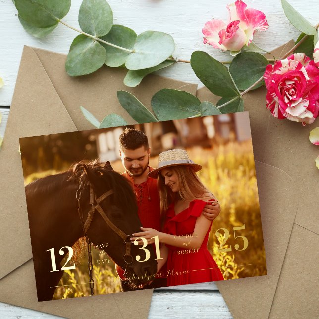 Real Golden Stylish & Fun Unmatched Wedding Photo (Real Golden Stylish & Fun Unmatched Wedding Photo Card Save the Date with Envelope.)