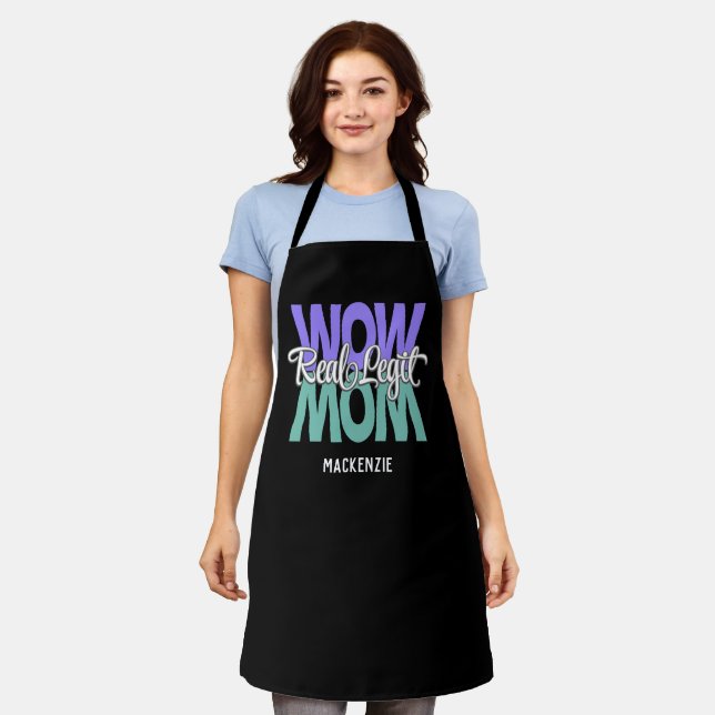 Real Legit Wow Mum Print (Purple, Teal & White) Apron (Worn)
