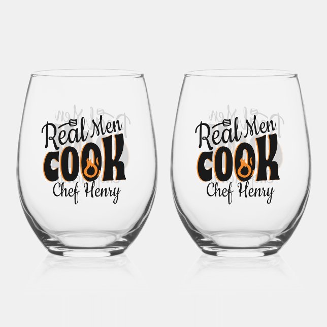 Real Men Cook Black  Stemless Wine Glass (Front)