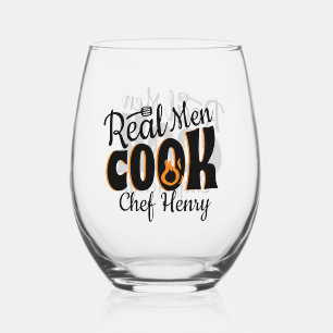 Real Men Cook Black  Stemless Wine Glass