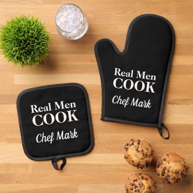 Real Men Cook funny personalised Oven Mitt & Pot Holder Set (Top Down)