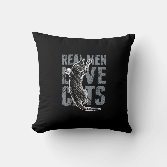 Real Men Love Cats in Grunge Style on Black Cushion (Front)