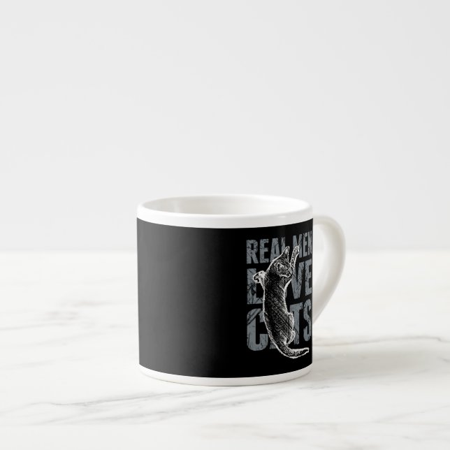 Real Men Love Cats in Grunge Style on Black Espresso Cup (Front Right)