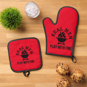 Real Men Play With Fire Red and Black Oven Mitt & Pot Holder Set