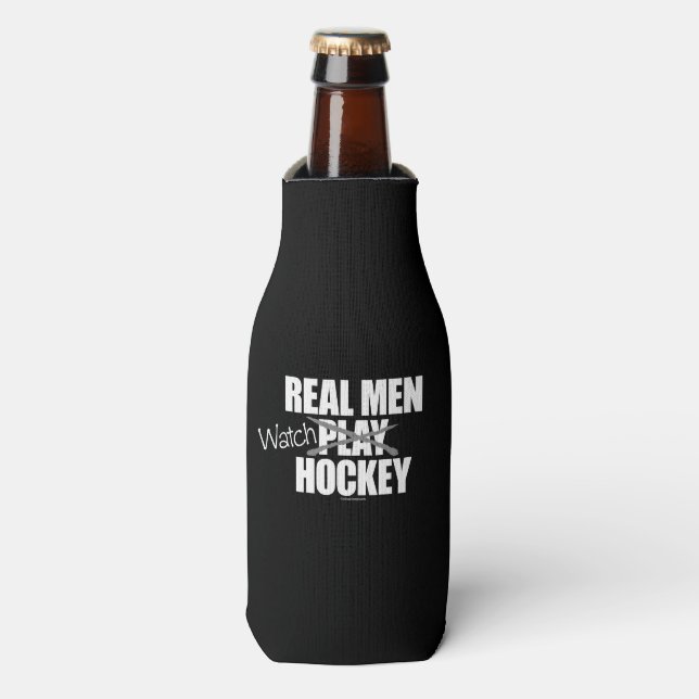 Real Men Watch Hockey Bottle Cooler (Bottle Front)