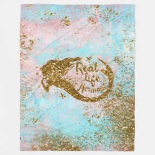 Real Mermaid Life- Glitter Gold Mermaid Fleece Blanket