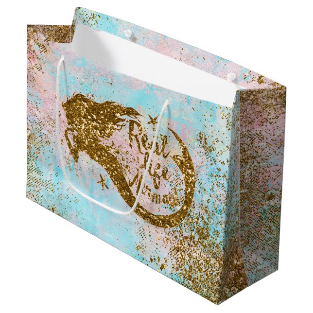 Real Mermaid Life- Glitter Gold Mermaid Large Gift Bag (Front Angled)