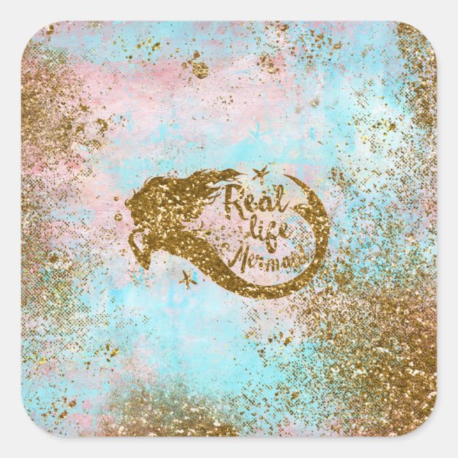 Real Mermaid Life- Glitter Gold Mermaid Square Sticker (Front)