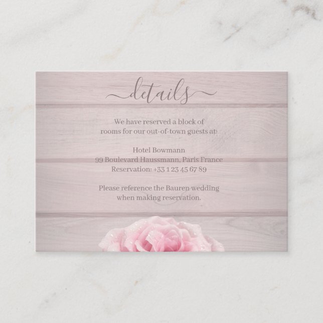 Real Pink Roses Rustic Chic Wedding Hotel Detail Enclosure Card (Front)
