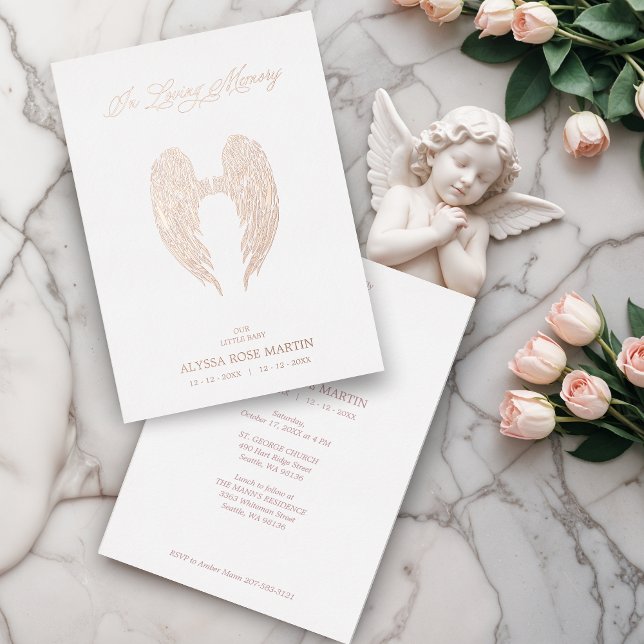 Real Rose Gold Fancy Angel Wings Metallic (Real Rose Gold Fancy Angel Wings Metallic Foil Invitation with Envelope. Remember a little angel.)