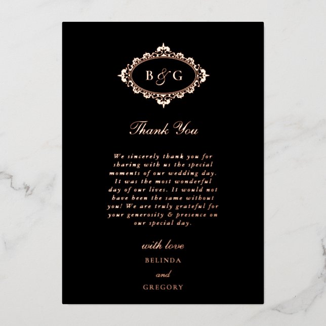 Real Rose Gold Foil Black Wedding Thank You Card (Front)