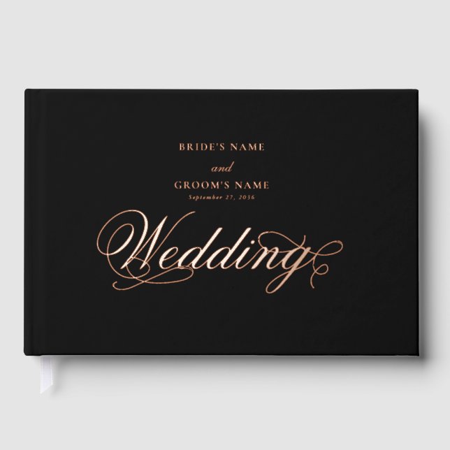 Real Rose Gold Foil Elegant Luxury Black Wedding Guest Book (Front)