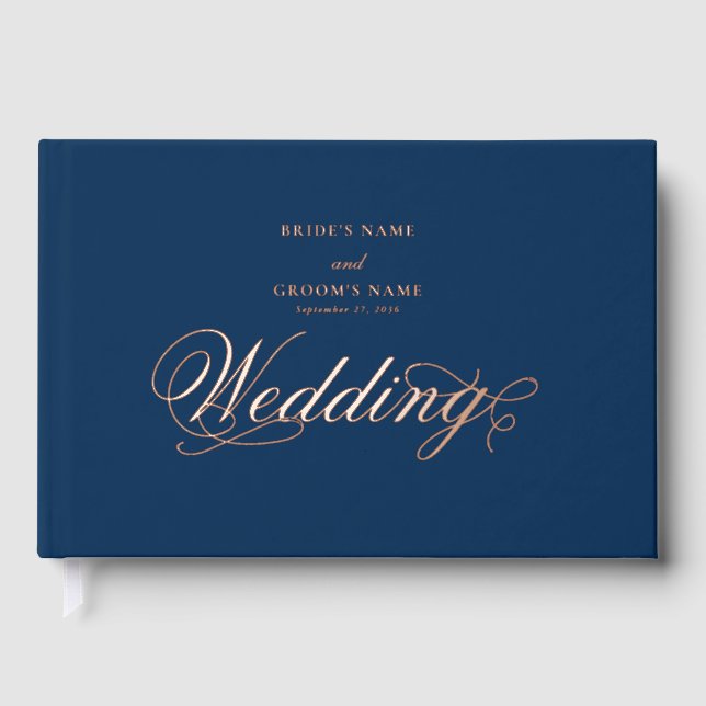 Real Rose Gold Foil Elegant Luxury Blue Wedding Guest Book (Front)