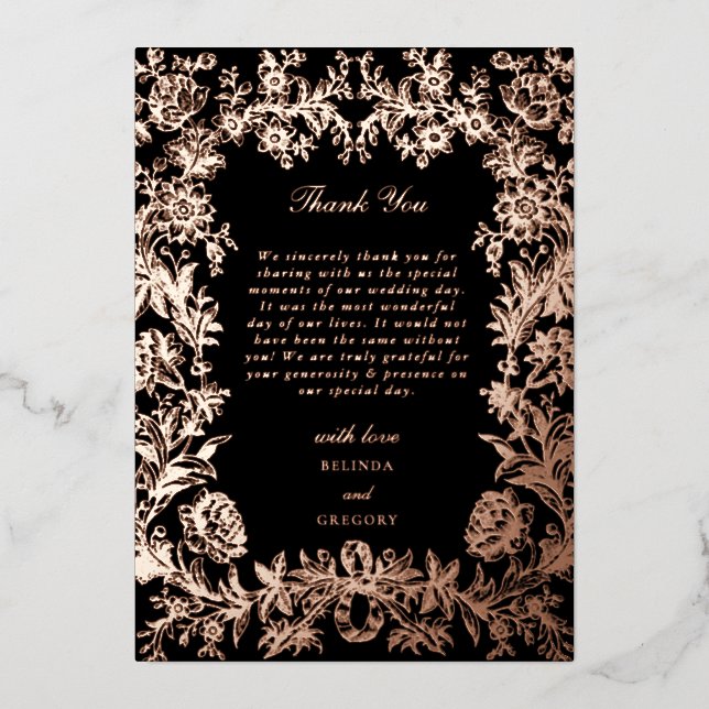 Real Rose Gold Foil Floral Black Wedding Thank You (Front)