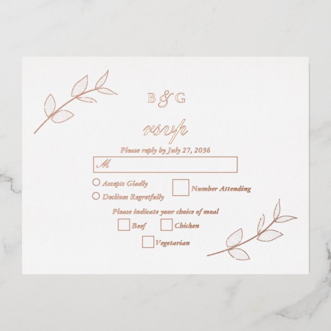 Real Rose Gold Foil Leaves Elegant Wedding RSVP Foil Invitation Postcard (Front)