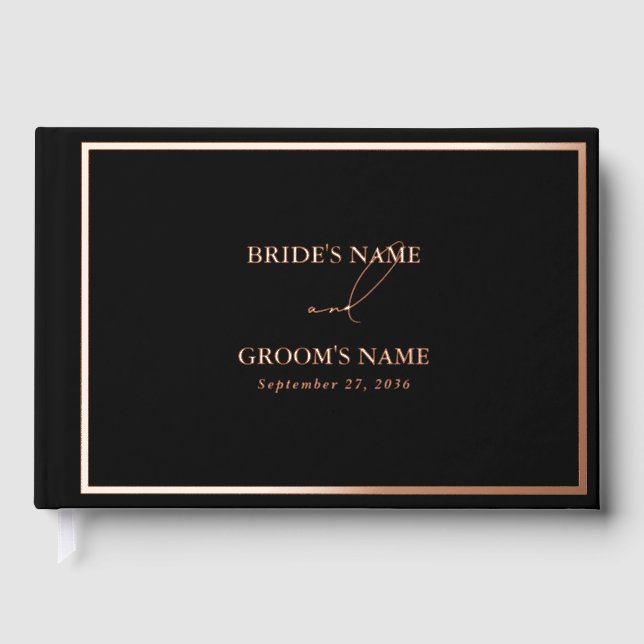 Real Rose Gold Foil Modern Black Wedding Guest Book (Front)