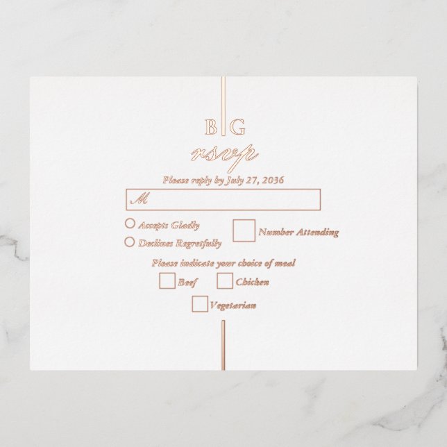 Real Rose Gold Foil Monogram Wedding RSVP Foil Invitation Postcard (Front)