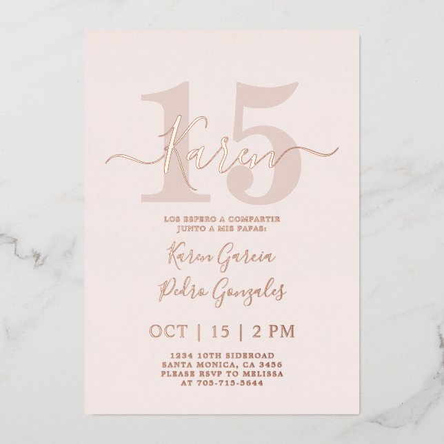 Real Rose Gold foil Quinceañera Invitation (Front)