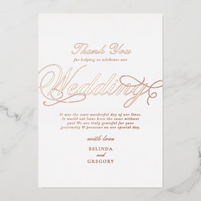 Real Rose Gold Foil White Wedding Thank You (Front)