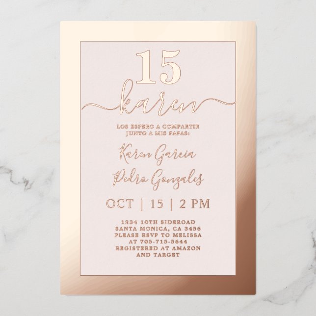 Real Rose Gold Quinceañera Invitation Foil  (Front)